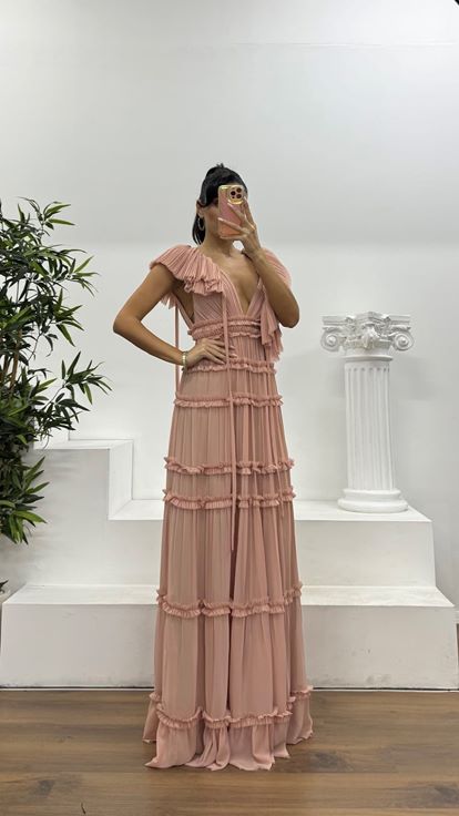 Powder Layered Ruffle Special Design Chiffon Evening Dress